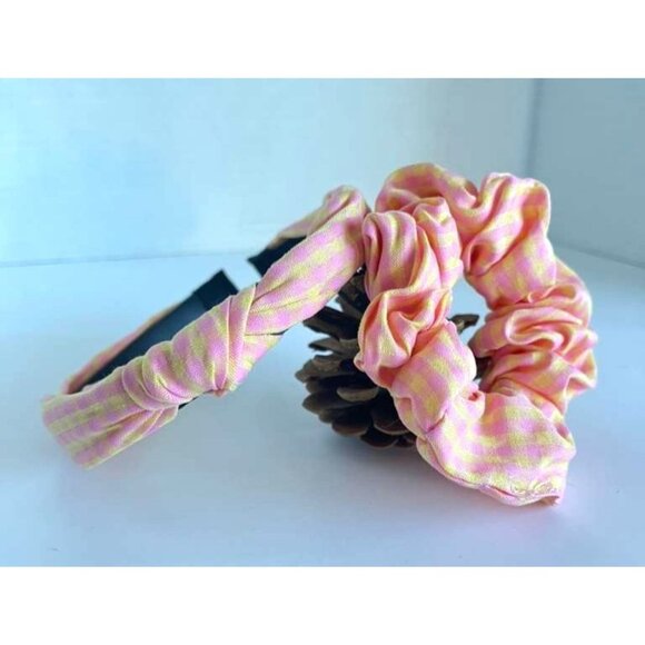 Girls Pink & Yellow Check Headband & Scrunchie Set – Stylish Hair Accessory Bund - Picture 4 of 12